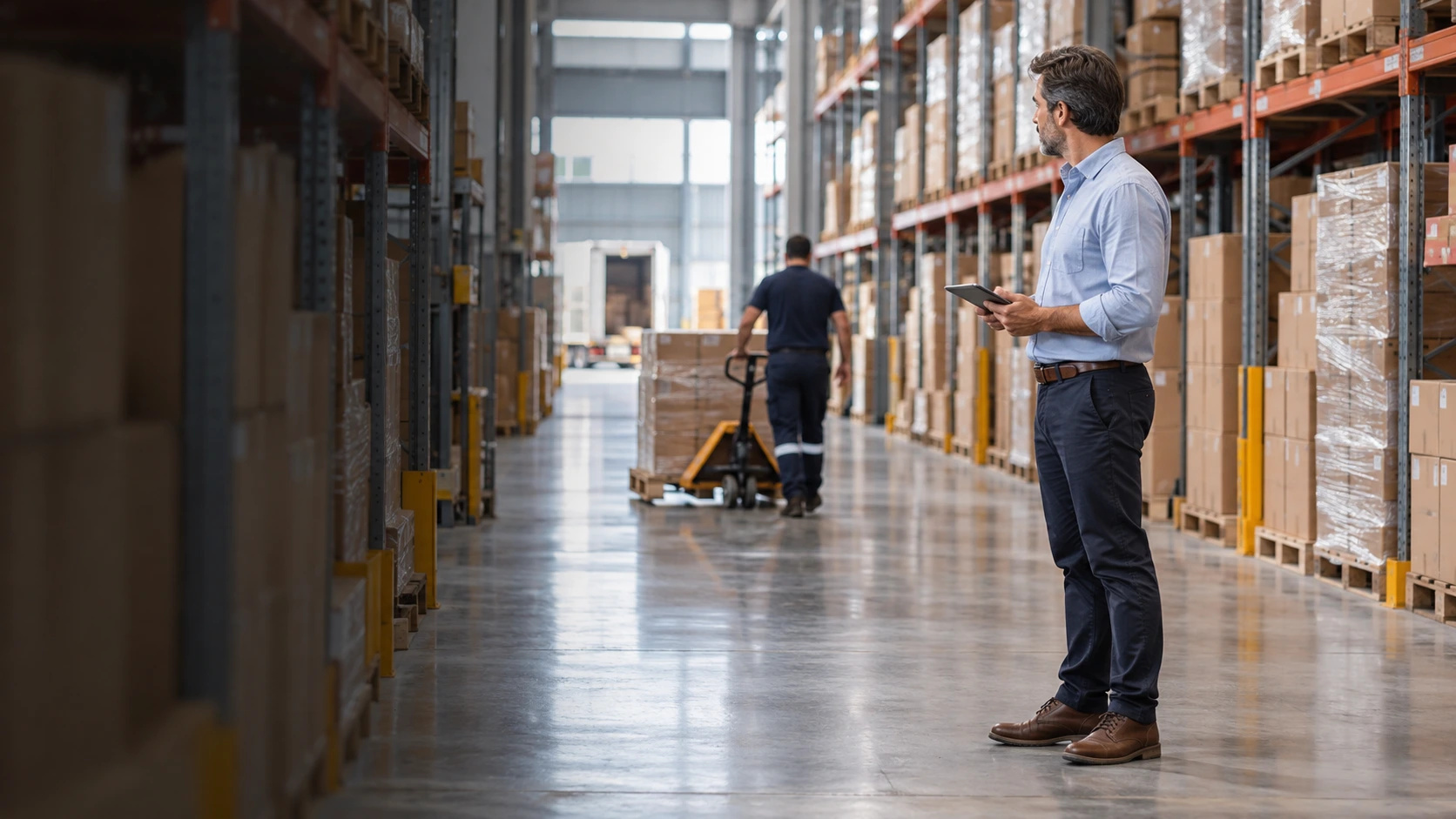 Crecimiento: empresario recorriendo un centro de distribución